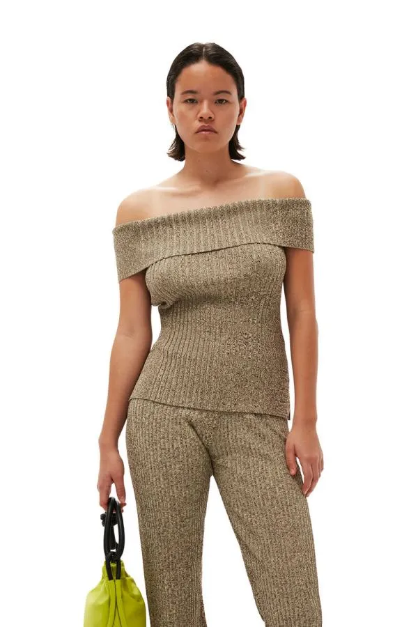 Clothing GANNI Tops Melange Knit Off Shoulder Top Brandy Brown