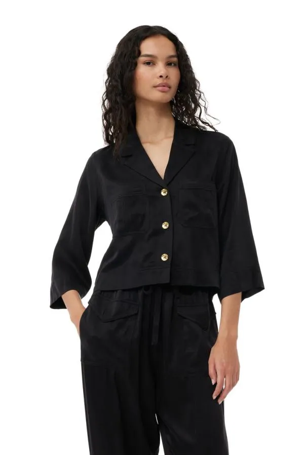 Clothing GANNI Tops Washed Satin Crop Shirt Black