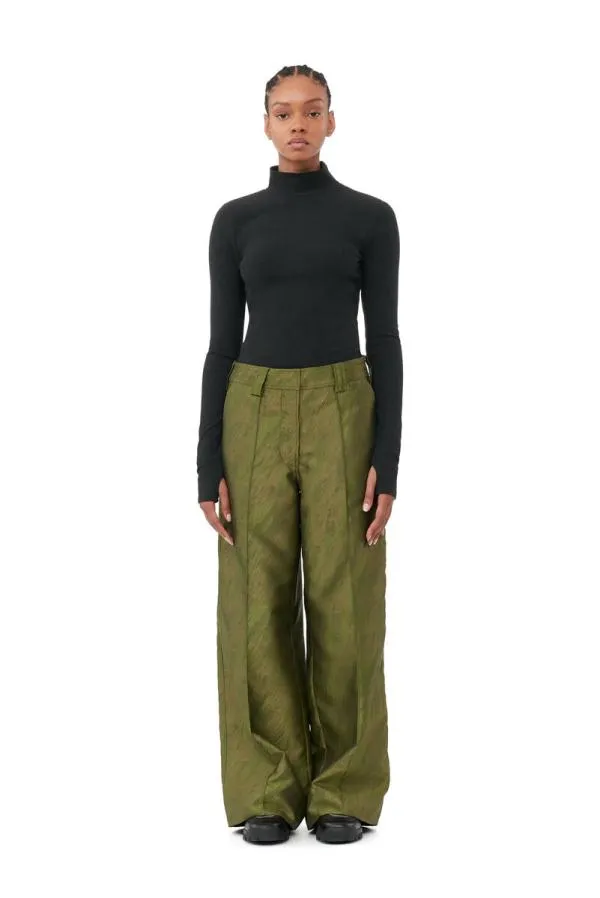 Clothing GANNI Trousers Shiny Jacquard Lowrise Trousers Avocado
