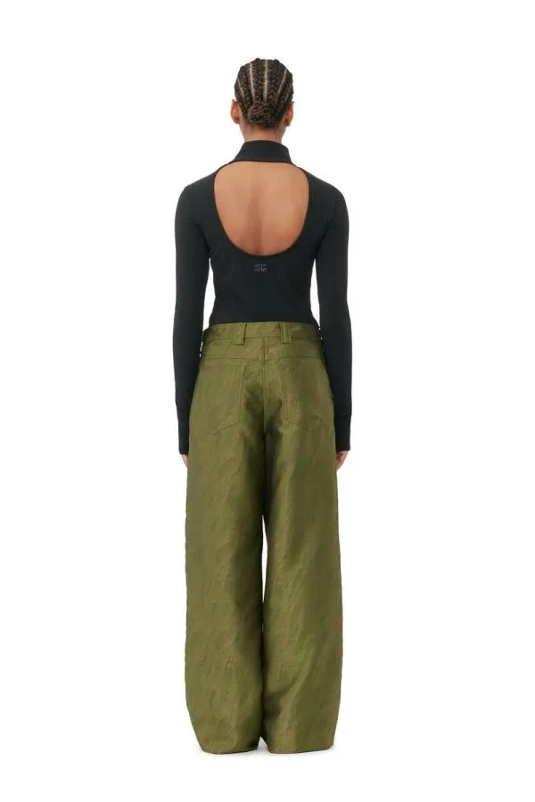 Clothing GANNI Trousers Shiny Jacquard Lowrise Trousers Avocado Clothing GANNI Trousers Shiny Jacquard Lowrise Trousers Avocado