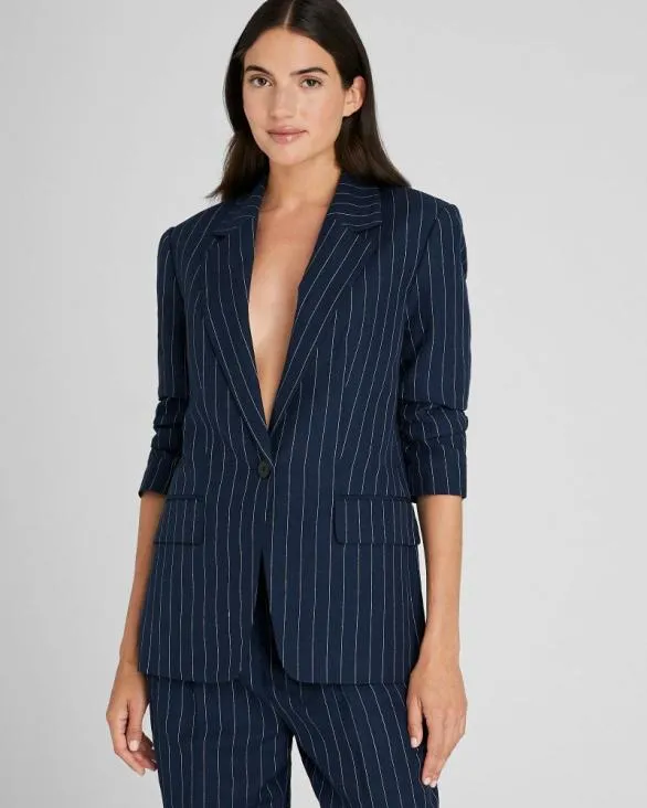 Club Monaco Blazers and Suiting Pinstripe SingleBreasted LinenBlend Blazer Navy 8211 Women