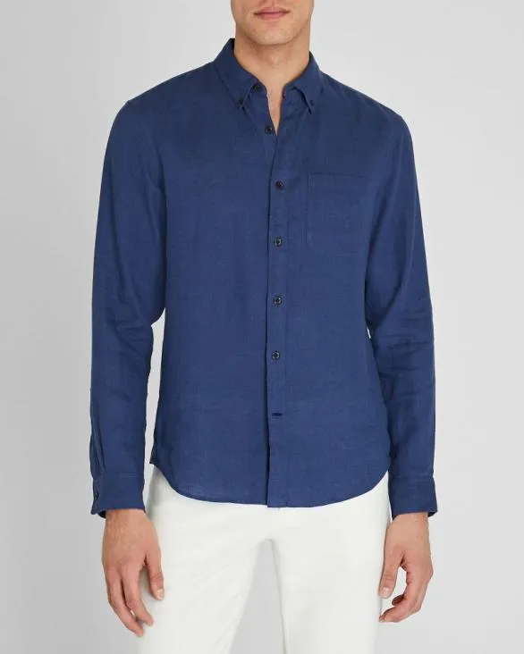 Club Monaco Shirts Slim LongSleeve ButtonDown Linen Shirt Medium Blue 8211 Men