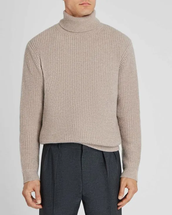 Club Monaco Sweaters WaffleKnit Cashmere Turtleneck Oatmeal Heather 8211 Men