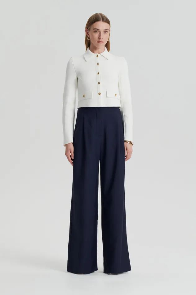 CREPE KNIT CROP BUTTON JACKET CREAM GOLD Jackets Scanlan Theodore Women