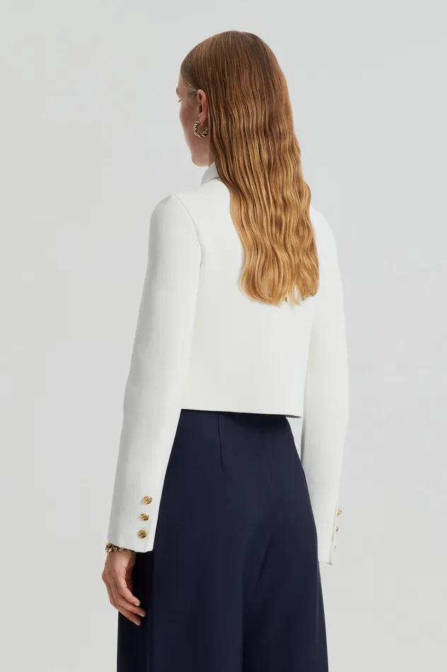 CREPE KNIT CROP BUTTON JACKET CREAM GOLD Jackets Scanlan Theodore Women CREPE KNIT CROP BUTTON JACKET CREAM GOLD Jackets Scanlan Theodore Women