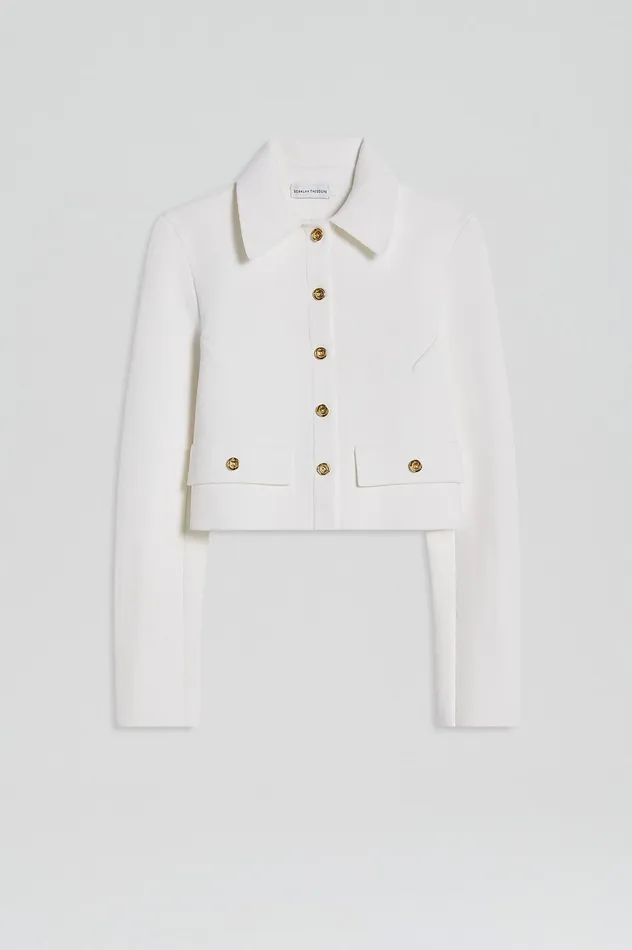 CREPE KNIT CROP BUTTON JACKET CREAM GOLD Jackets Scanlan Theodore Women CREPE KNIT CROP BUTTON JACKET CREAM GOLD Jackets Scanlan Theodore Women