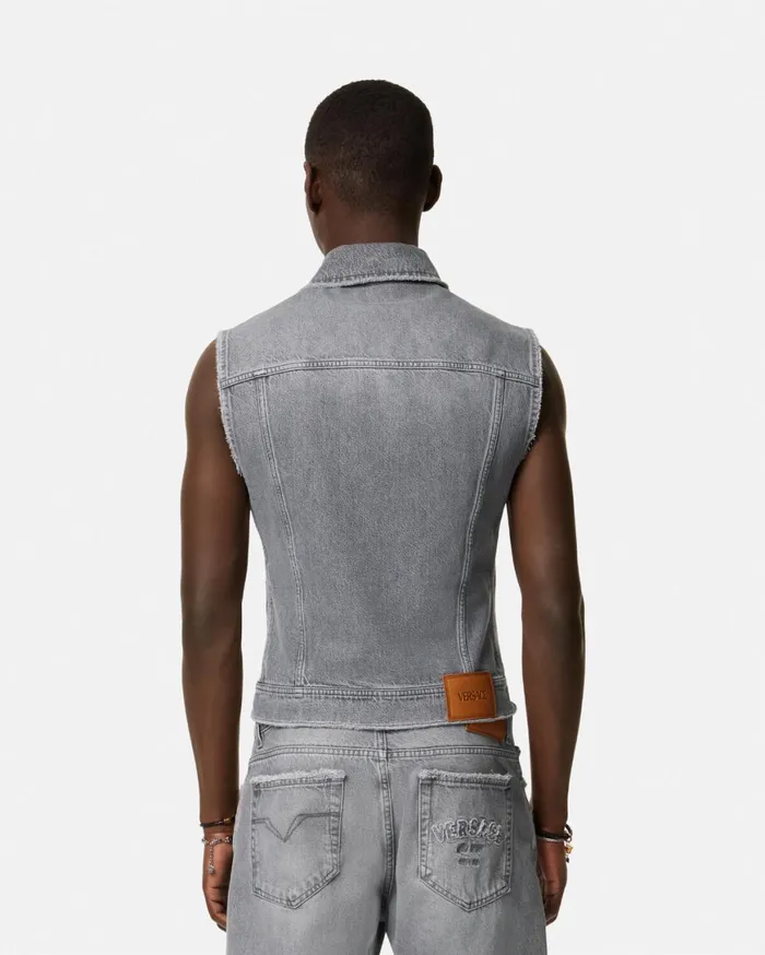Denim Men Versace Frayed Denim Vest Gray