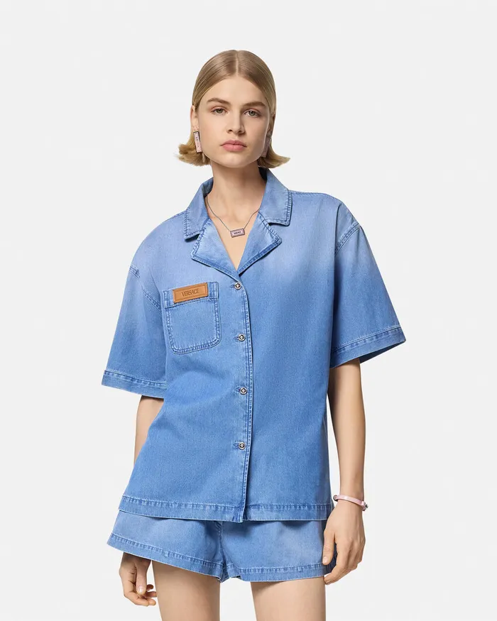 Denim Women Versace Denim Boxy Shirt Blue