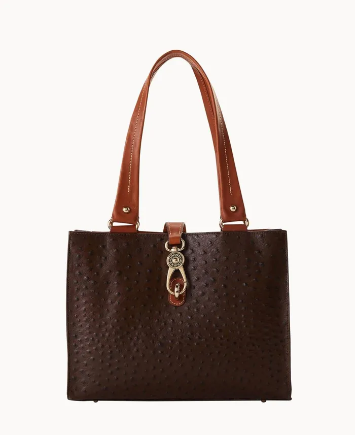 Dooney and Bourke Totes Ostrich Medium Logo Lock Tote Brown Tmoro 8211 WomenMen