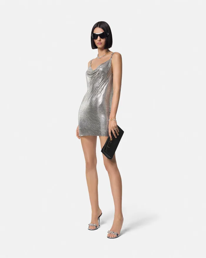 Dresses Women Versace Metal Mesh Slip Mini Dress Silver