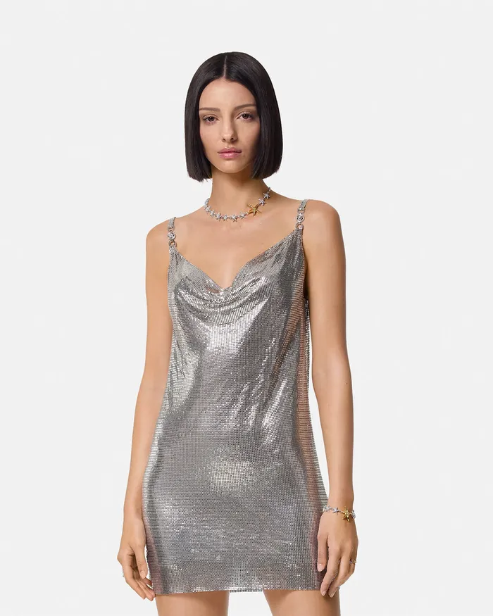 Dresses Women Versace Metal Mesh Slip Mini Dress Silver