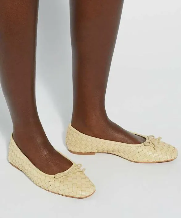 Dune London Ballet Pumps Women Heat Lemon Woven Leather Bow Detail Ballet Pumps Yellow