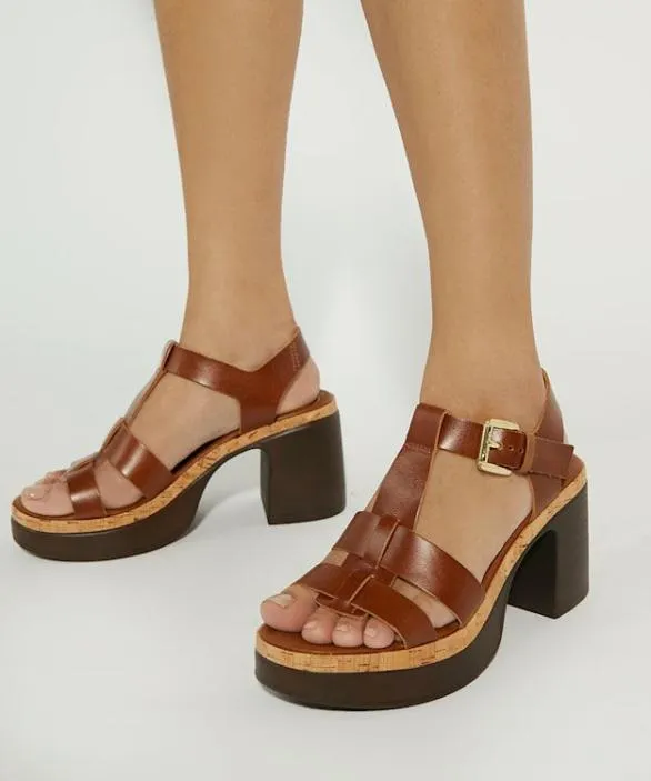 Dune London Block Heeled Sandals Women Jungle Tan Stacked Platform Heels Brown