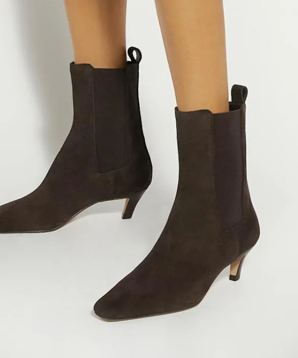 Dune London Brown Boots Women Odele Brown Chiselled Toe Kitten Heel Chelsea Ankle Boots Brown