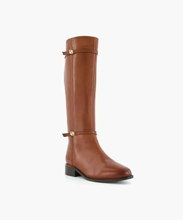 Dune London Brown Boots Women Tap Tan Wide Fit Double Buckle Riding Boots Brown