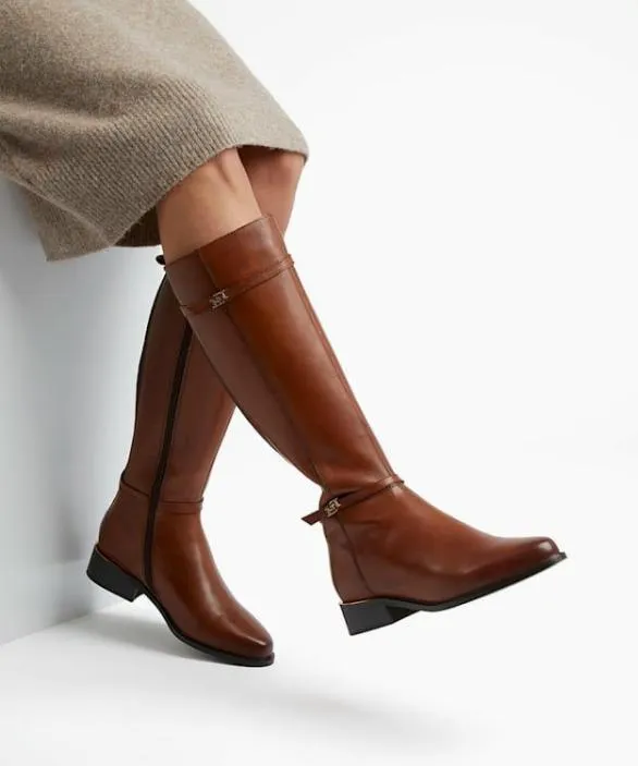 Dune London Brown Boots Women Tap Tan Wide Fit Double Buckle Riding Boots Brown