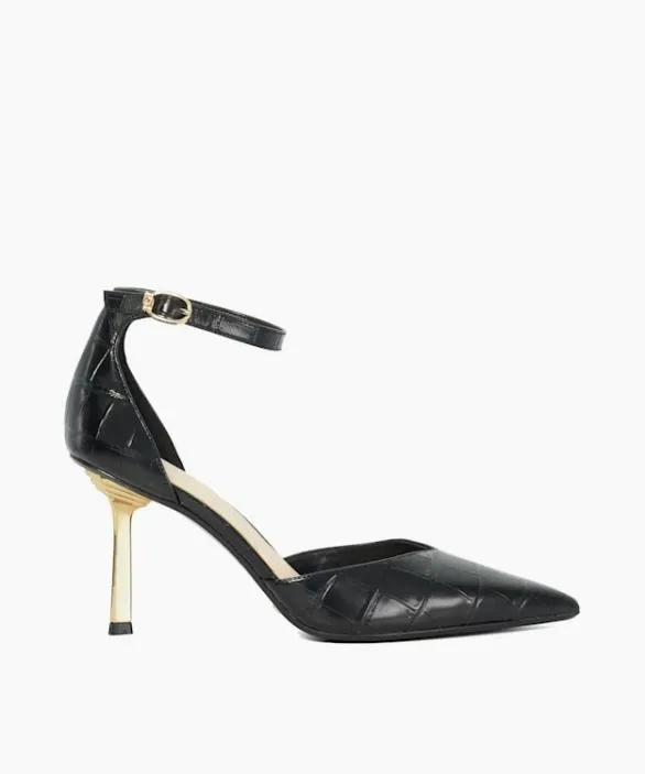 Dune London Court Shoes Women Colly Black Ankle Strap Emerald Heel Court Shoes Black