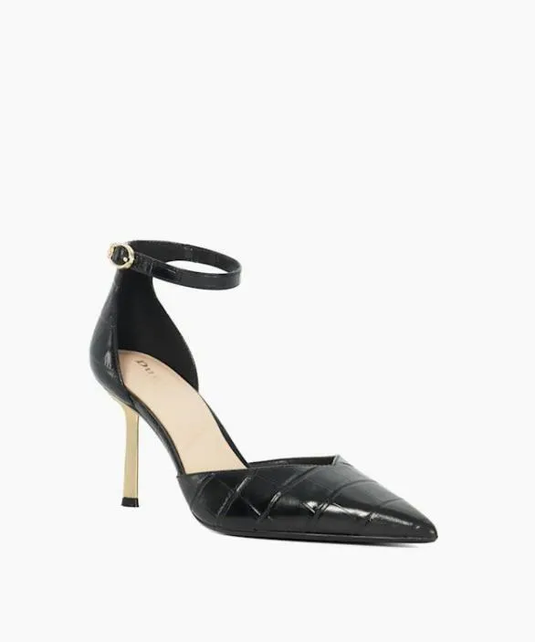 Dune London Court Shoes Women Colly Black Ankle Strap Emerald Heel Court Shoes Black