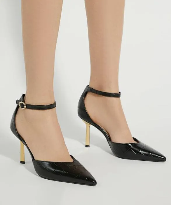 Dune London Court Shoes Women Colly Black Ankle Strap Emerald Heel Court Shoes Black