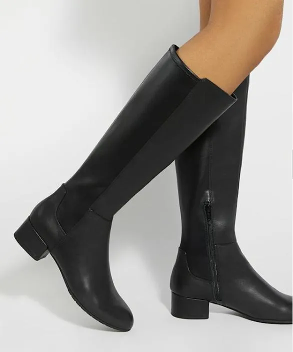 Dune London Flat Boots Women Tayla Black Leather Stretch Leather KneeHigh Boots Black Leather
