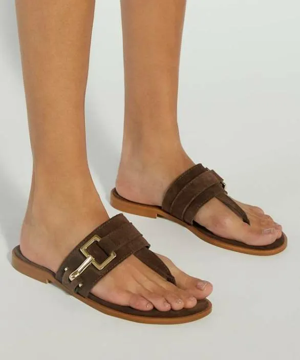Dune London Flat Sandals Women Lotica Brown Toe Post Sandal With Metal Buckle Brown