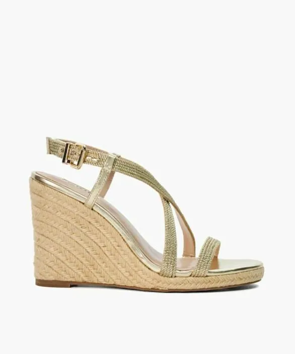 Dune London Gold Sandals Women Keylas Gold Embellished Raffia Wedge Metallic