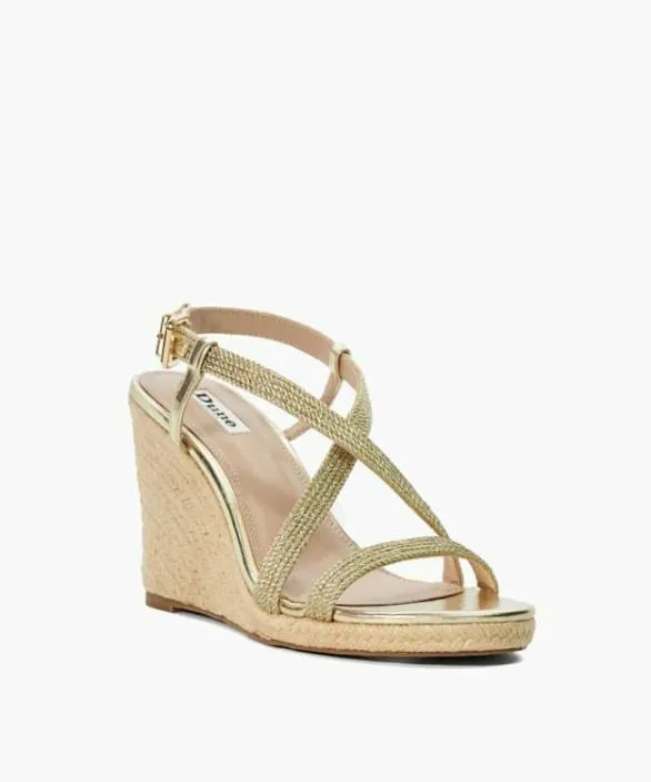 Dune London Gold Sandals Women Keylas Gold Embellished Raffia Wedge Metallic