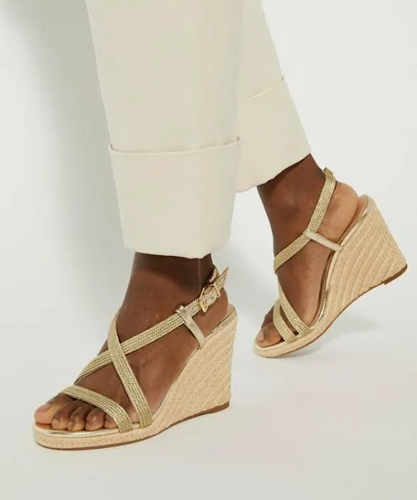 Dune London Gold Sandals Women Keylas Gold Embellished Raffia Wedge Metallic