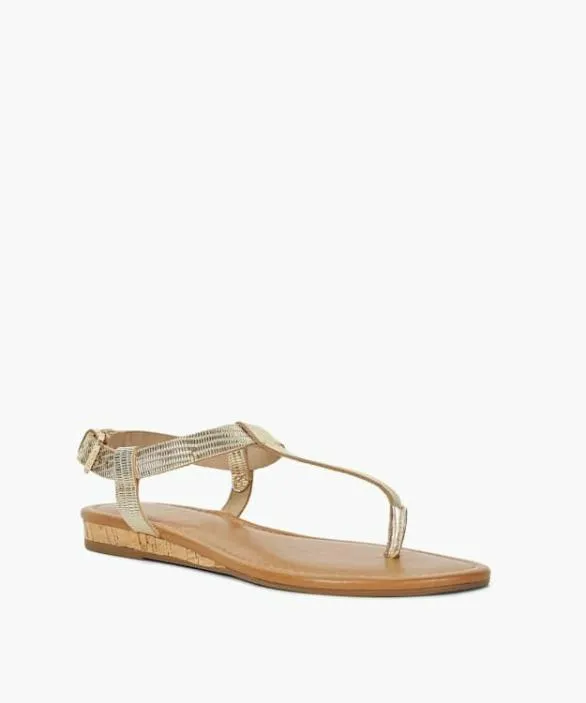 Dune London Gold Sandals Women Lari Gold Reptile Metallic Leather Cork Wedge Sandals Metallic