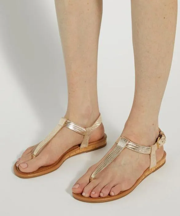 Dune London Gold Sandals Women Lari Gold Reptile Metallic Leather Cork Wedge Sandals Metallic