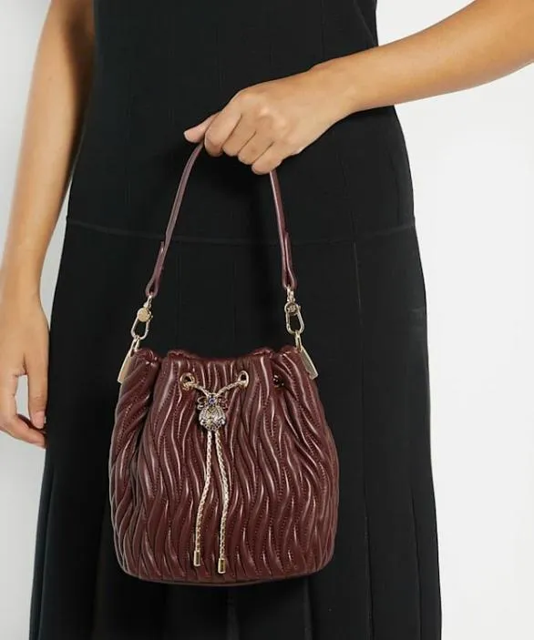 Dune London Leather Bags Women Electrical Burgundy Dune Bug Embellished Bucket Bag Red