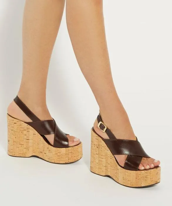 Dune London Platform Sandals Women Kaiden Brown Leather Wedge Heel Sandals Black
