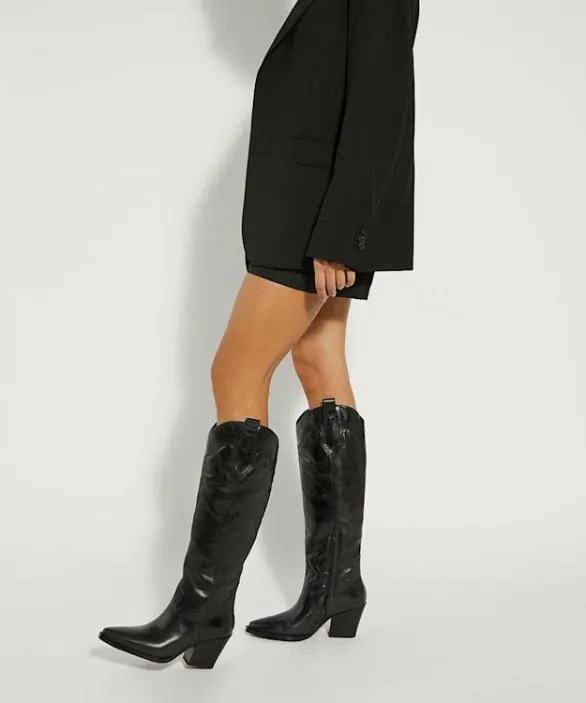 Dune London Western Cowboy Boots Women Tennessee Black Leather KneeHigh Western Boots Black