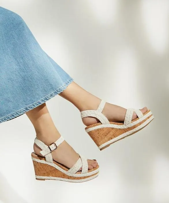 Dune London White Sandals Women Kelisa White Wide Fit WovenStrap Wedge Sandals White