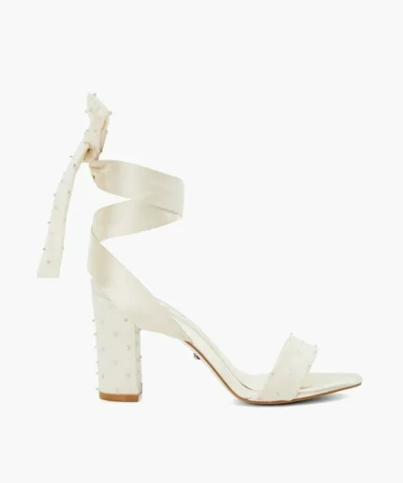 Dune London White Sandals Women Melodies Ivory Ribbon Tie Block Heeled Wedding Sandals White