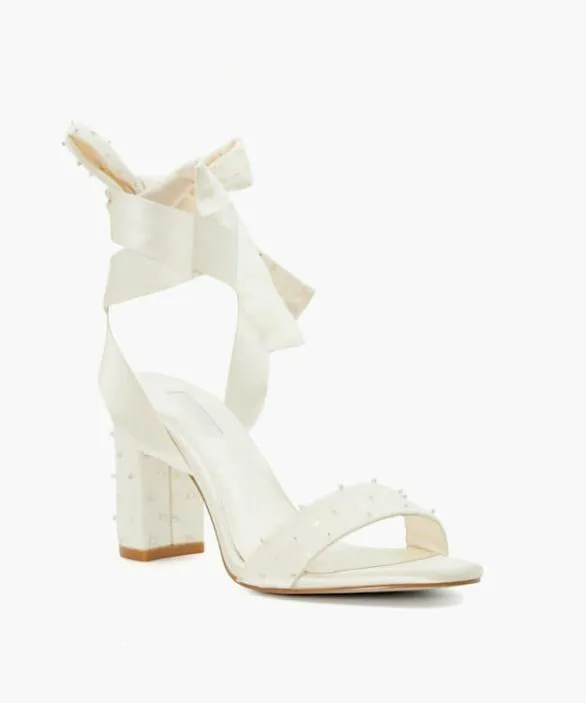 Dune London White Sandals Women Melodies Ivory Ribbon Tie Block Heeled Wedding Sandals White