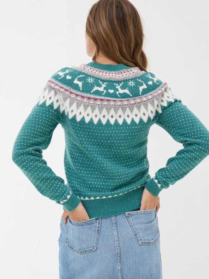Fat Face Knitwear Reindeer Yoke Teal Blue Jumper 8211 Women