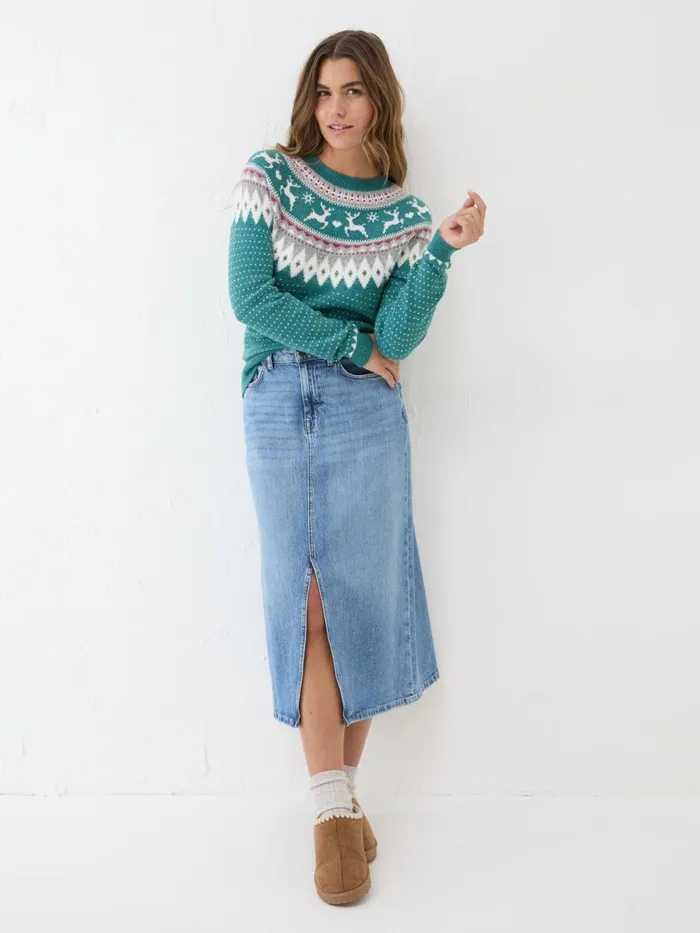 Fat Face Knitwear Reindeer Yoke Teal Blue Jumper 8211 Women