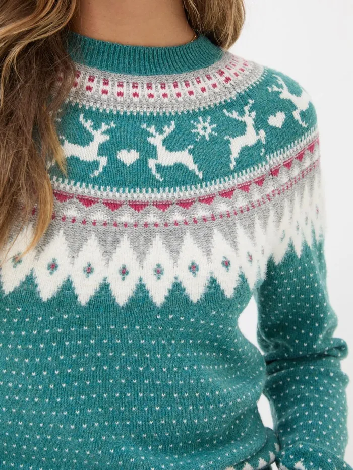 Fat Face Knitwear Reindeer Yoke Teal Blue Jumper 8211 Women