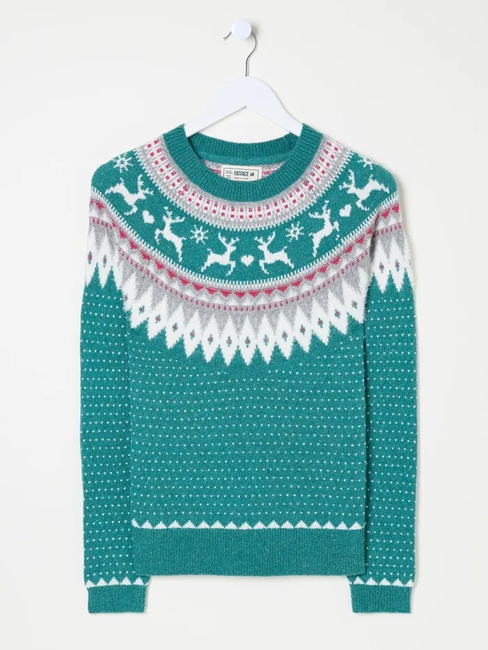 Fat Face Knitwear Reindeer Yoke Teal Blue Jumper 8211 Women