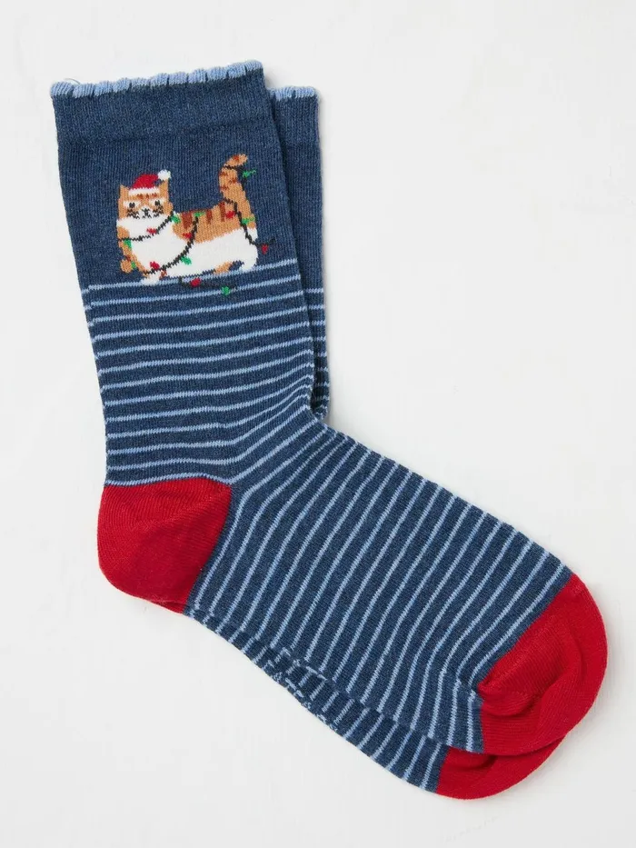 Fat Face Socks and Tights Blue Navy Cat In Lights Socks 1 Pack 8211 Women