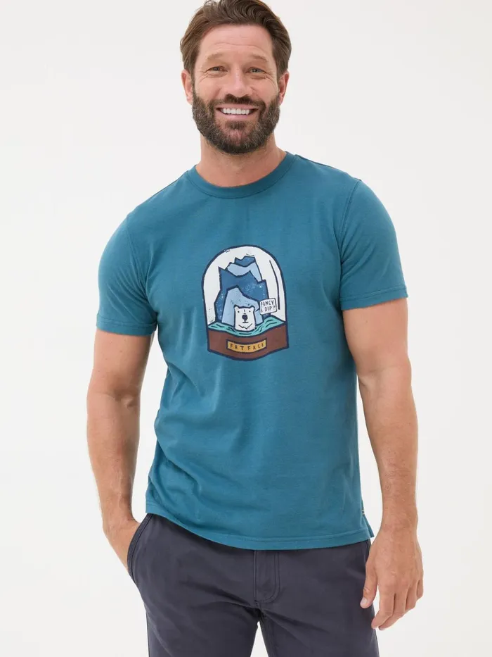 Fat Face TShirts Teal Blue 100 Cotton Bear Snow Globe TShirt 8211 Men