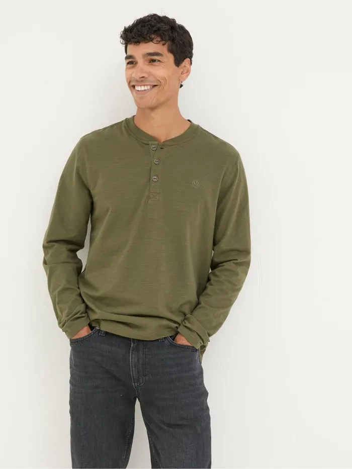 Fat Face TShirts Woodside Khaki Green Long Sleeve Henley T Shirt 8211 Men