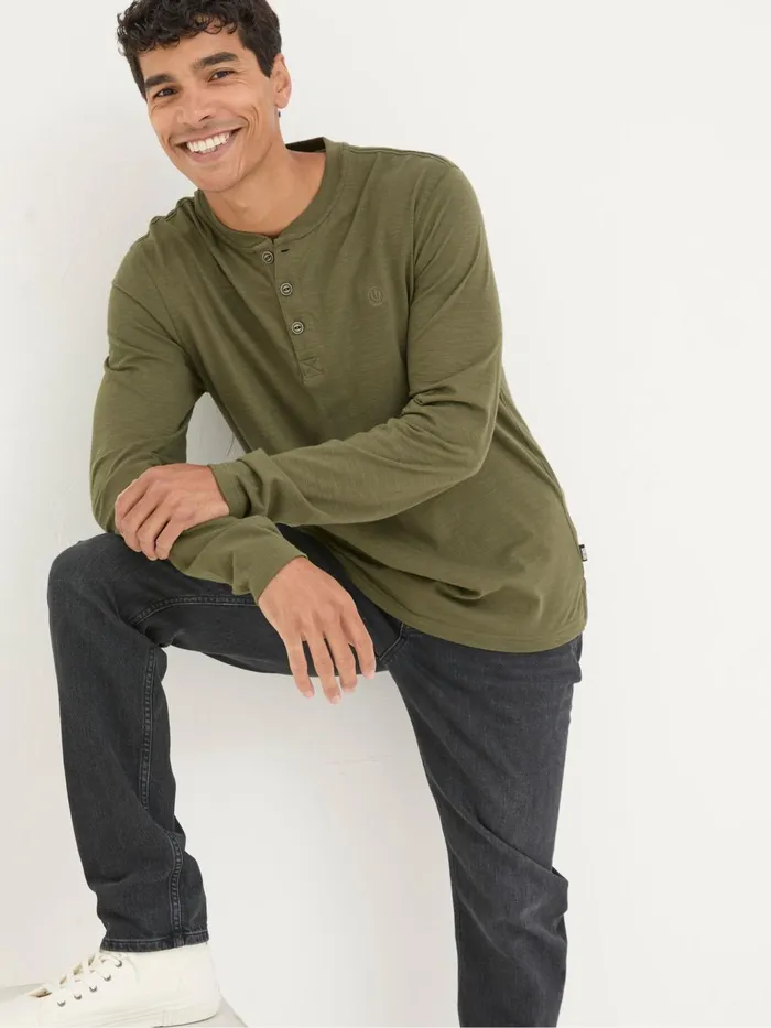Fat Face TShirts Woodside Khaki Green Long Sleeve Henley T Shirt 8211 Men