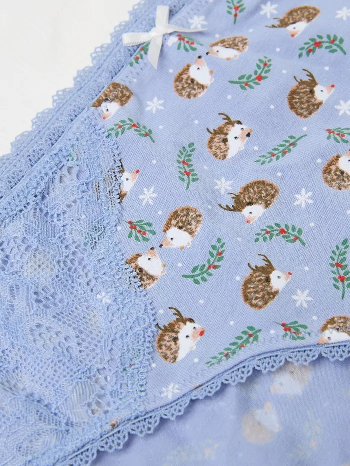 Fat Face Underwear Chambray Blue Festive Hedgehog Mini Knickers 8211 Women