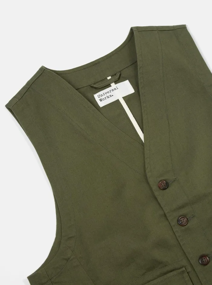 Field Waistcoat In Light Olive Twill Men Universal Works Waistcoats and Gilets