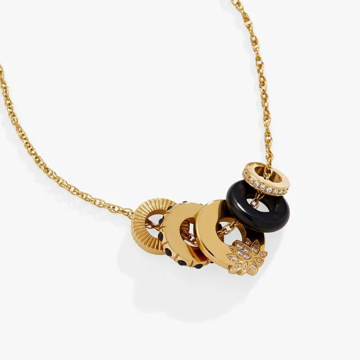 Fine Jewelry Women Alex And Ani Black Onyx Lotus Charm Necklace Stainless Steel Gold