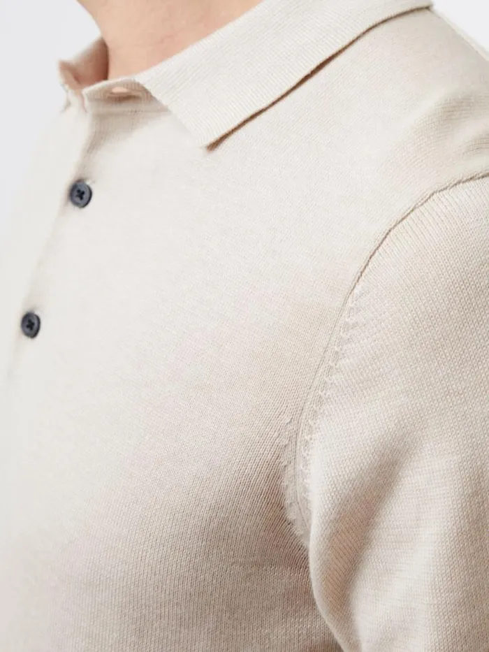 French Connection 3 Button Knit Polo Shirt Stone Men Knitwear