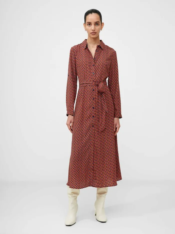 French Connection Abstract Belted Midi Shirt Dress Orange Women Dresses