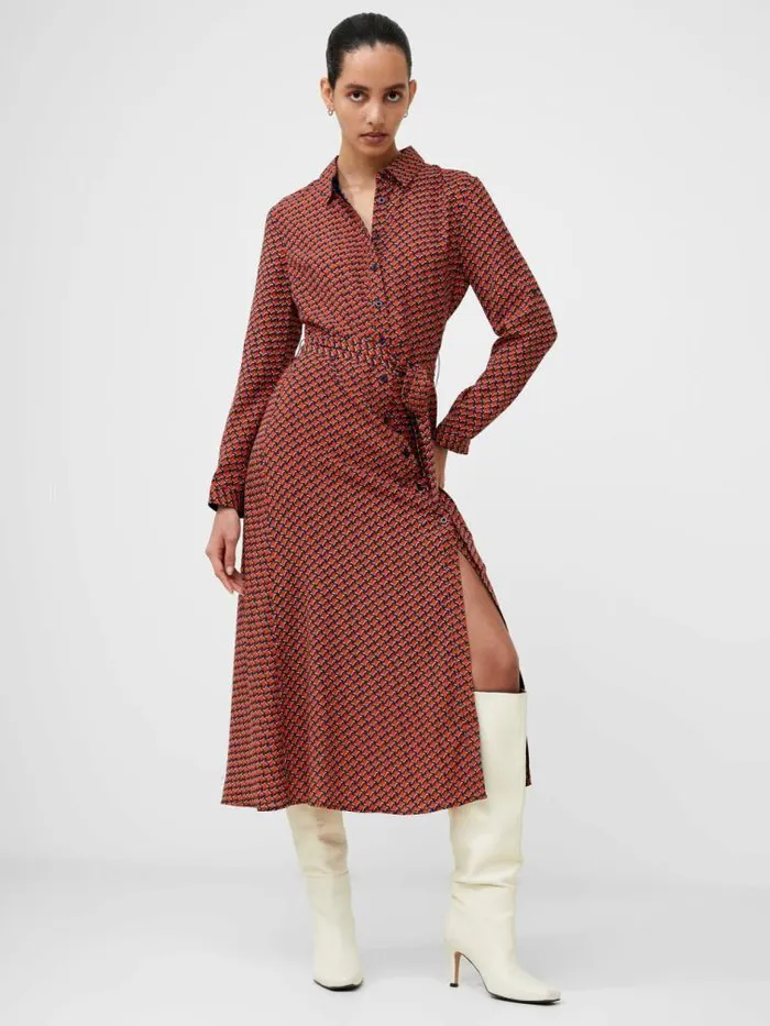 French Connection Abstract Belted Midi Shirt Dress Orange Women Dresses